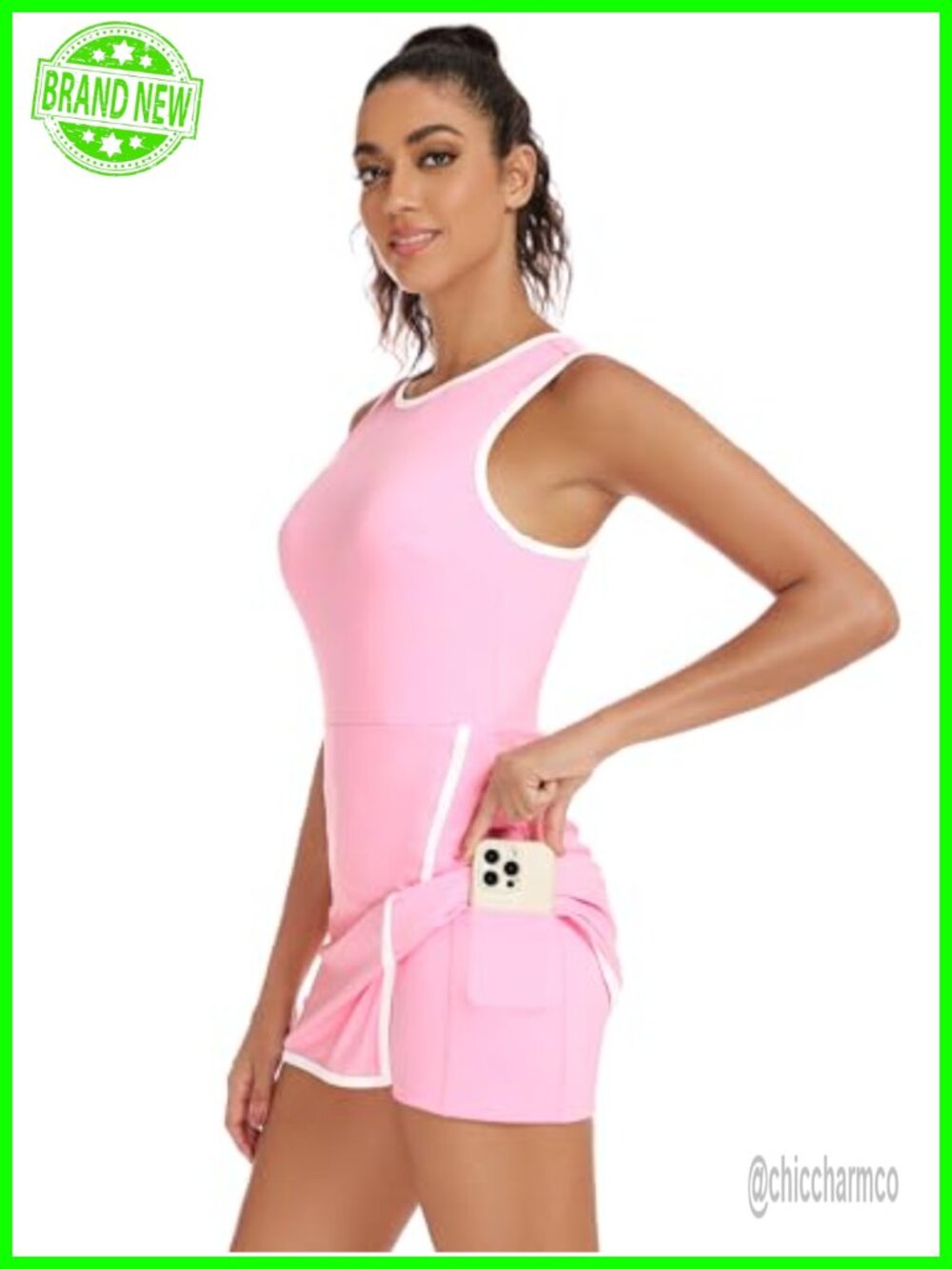 Tennis Dress with Built-in Shorts and Bra Crew Neck Sleeveless Athletic Side - Picture 3 of 4